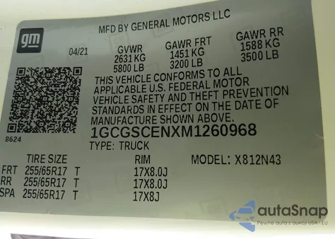 2021 Chevrolet Colorado Lt z USA, uszkodzony, nr VIN 1GCGSCENXM1260968